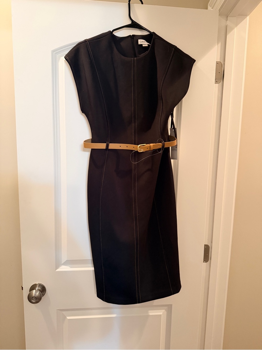 Calvin Klein Black Midi Sheath Dress with Tan Belt